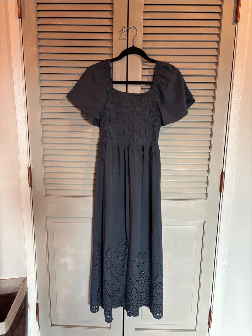 Square Neck Eyelet Midi Dress in blue